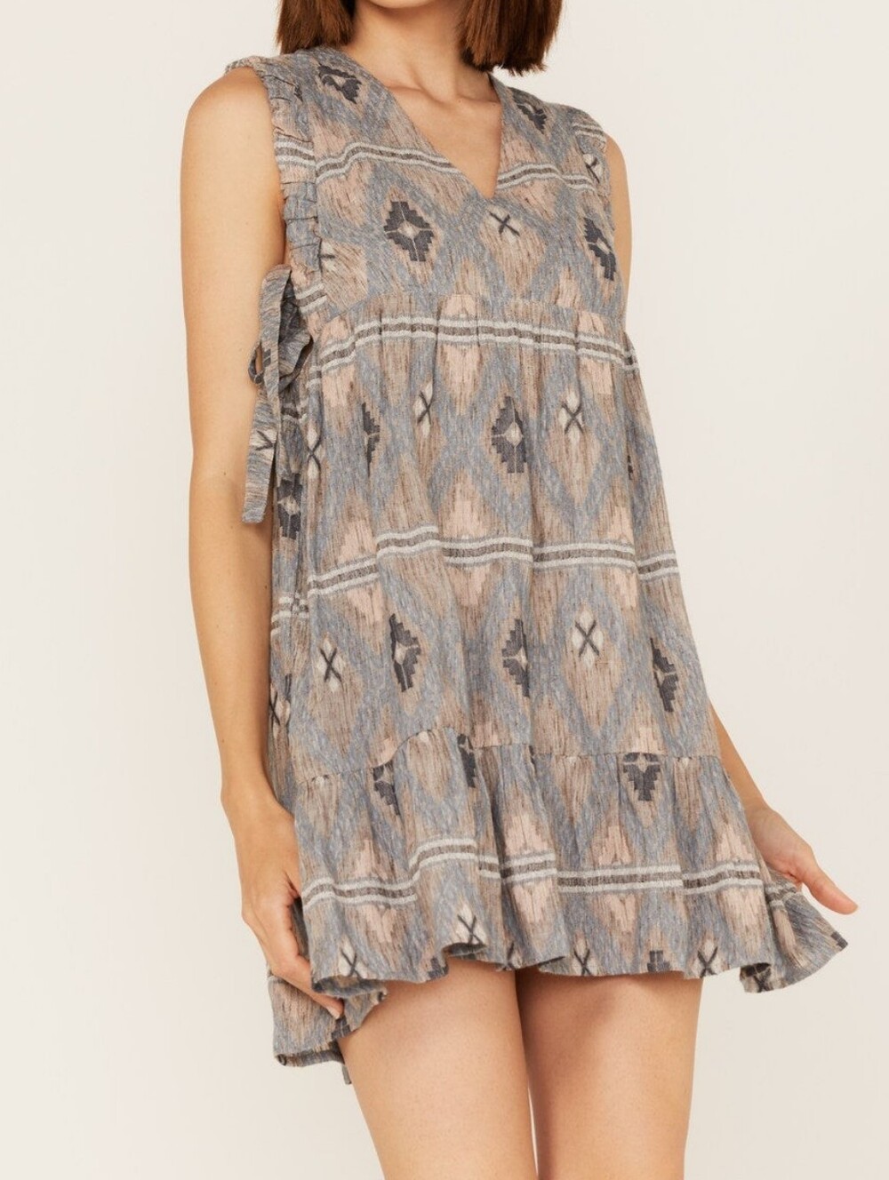 Blue Patterned Sleeveless Mini Dress with Tie Details
